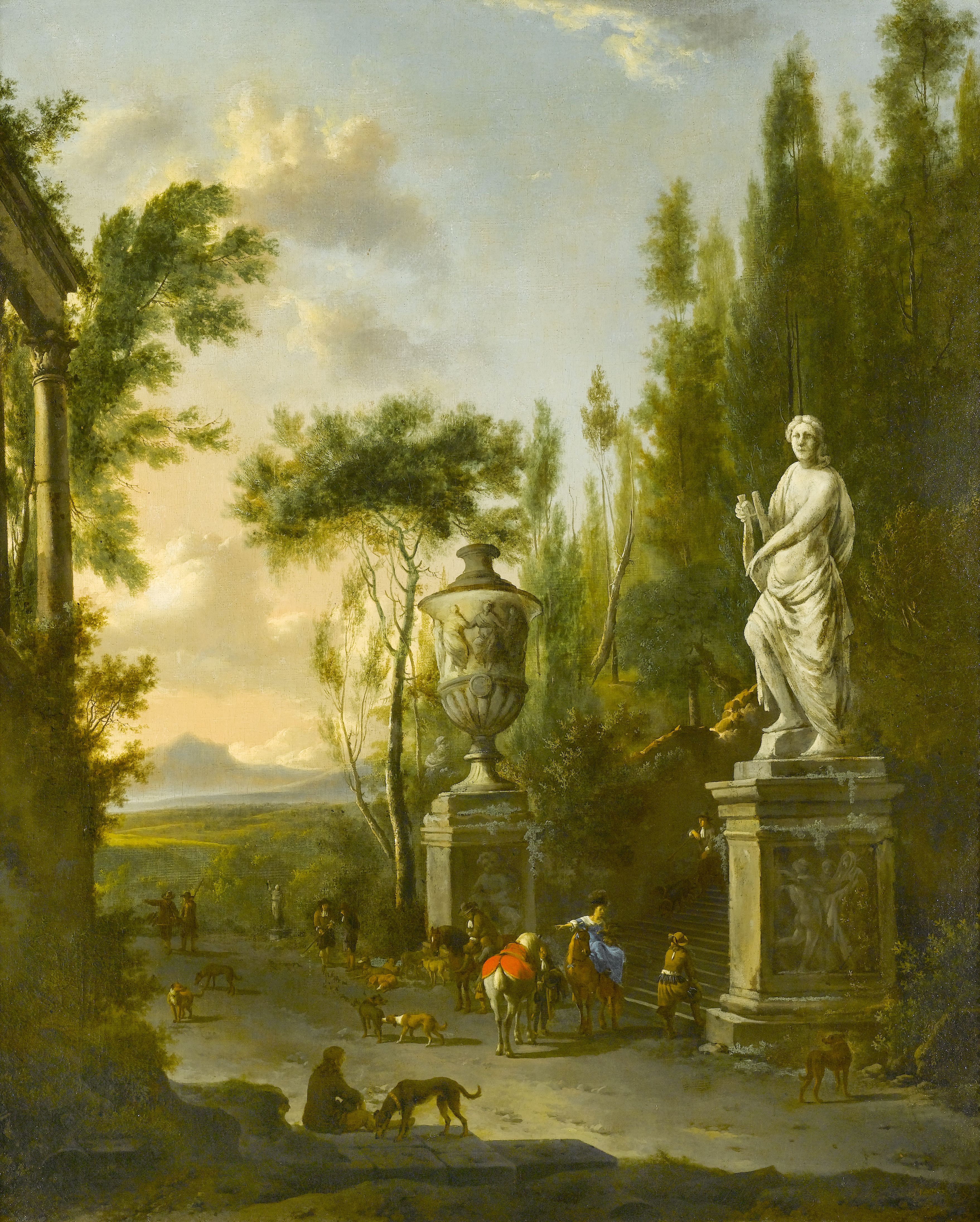 A Hawking Party at the Foot of an Ornamental Staircase, with a Mountainous Landscape beyond